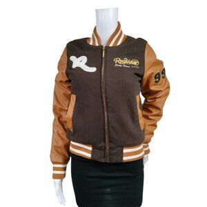 Rocawear Faux Leather Letterman Long Sleeve Full Zip Varsity Jacket Brown S